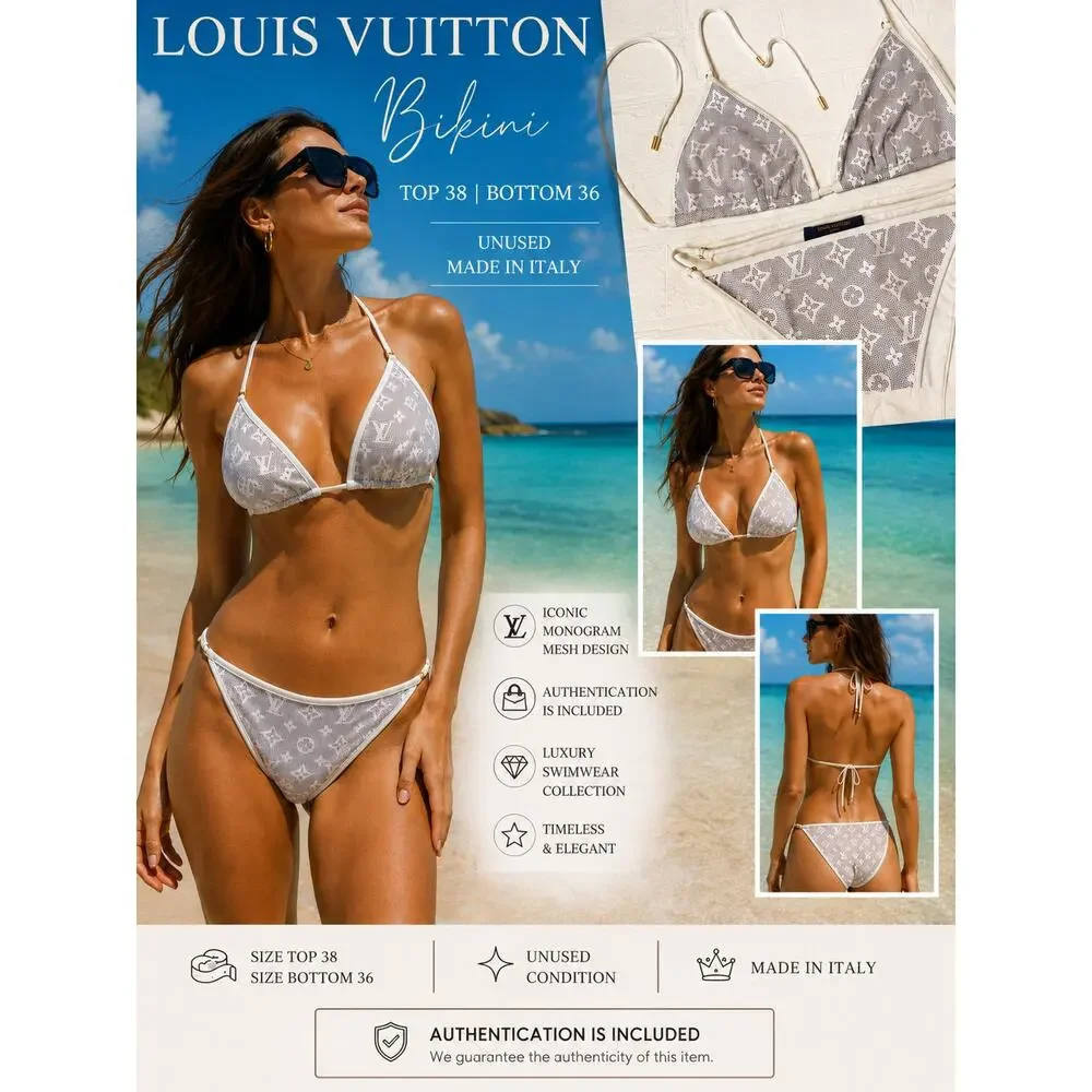 Louis Vuitton Gray White Monogram Triangle Bikini Set Top 38 Bottom 36 Small LTD